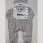 Light Grey Tiny Stripe Bib Front Footie and Hat