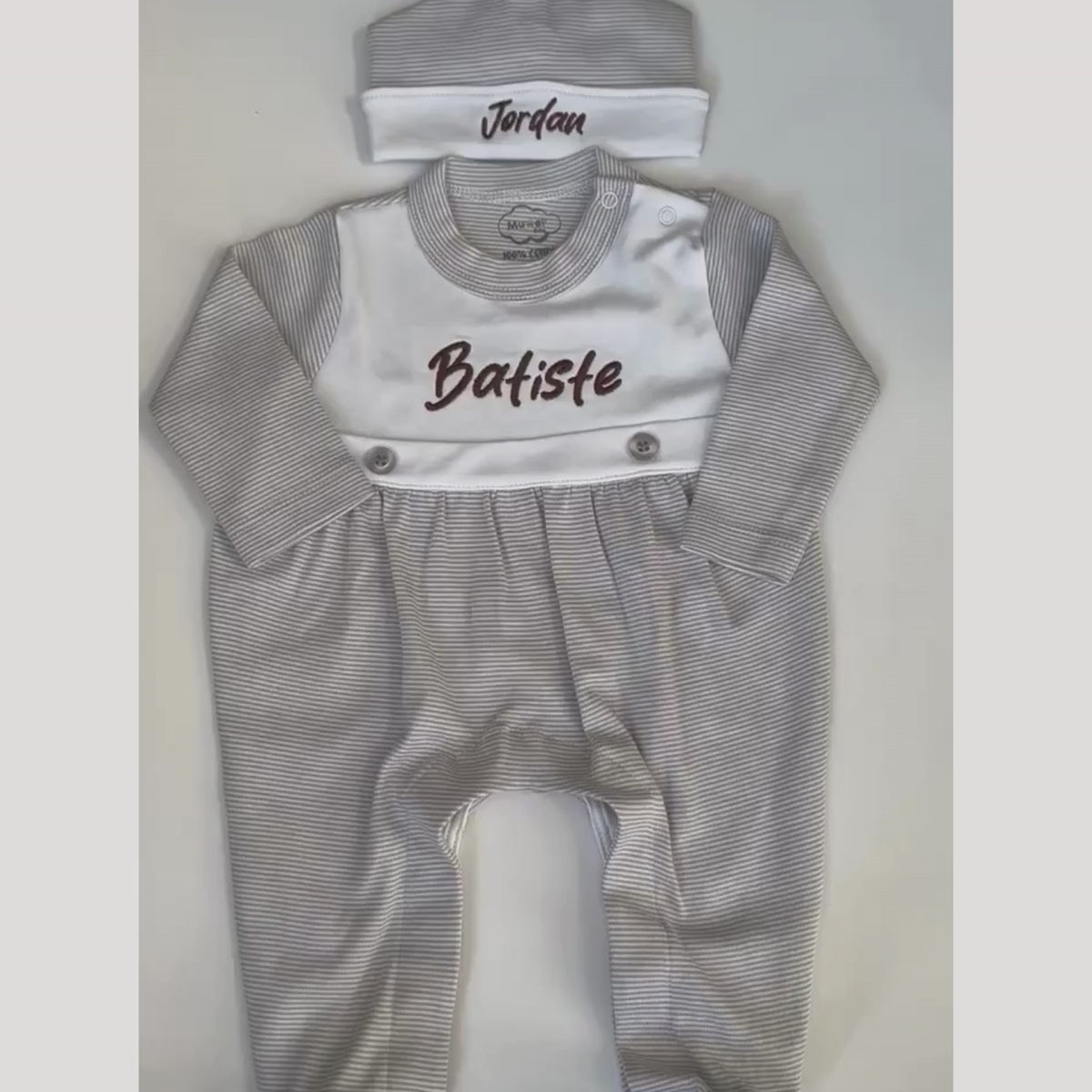 Light Grey Tiny Stripe Bib Front Footie and Hat