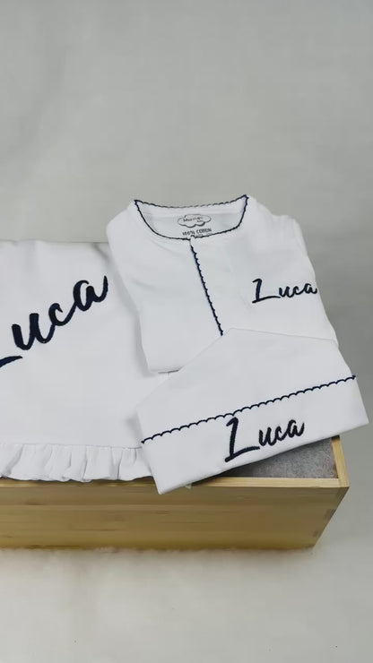 White with Navy Picot Footie and Hat