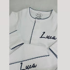 White with Navy Picot Footie and Hat