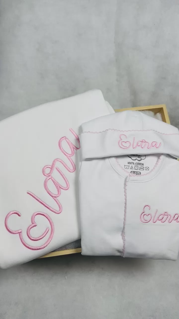 White with Pink Picot Footie and Hat