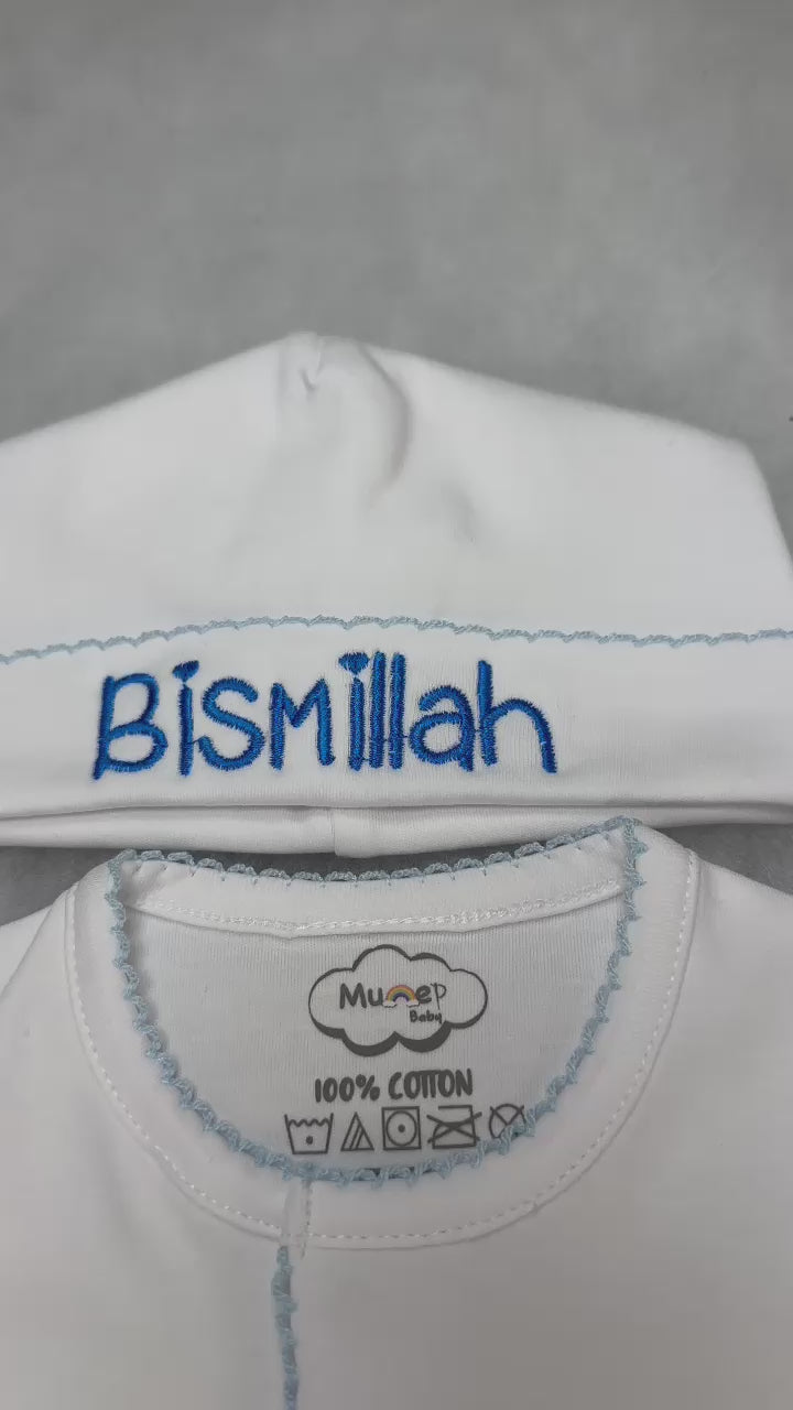 White with Baby Blue Footie and Hat