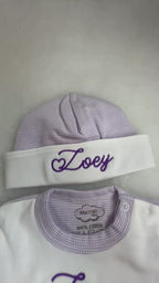 Lavender Tiny Stripe Bib Front Footie and Hat