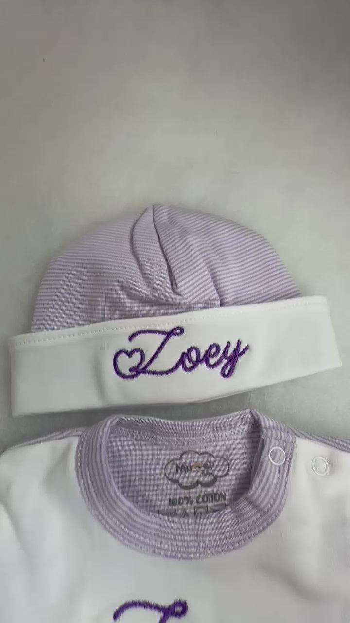 Lavender Tiny Stripe Bib Front Footie and Hat