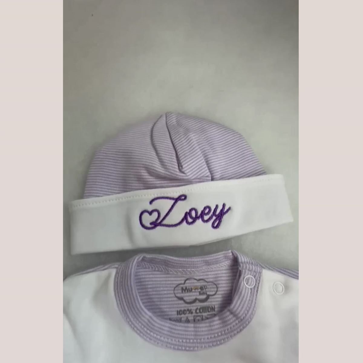 Lavender Tiny Stripe Bib Front Footie and Hat