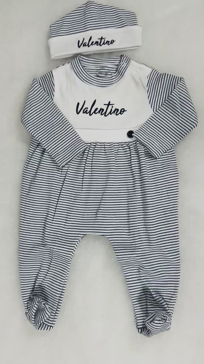 Navy Tiny Stripe Bib Front Footie and Hat